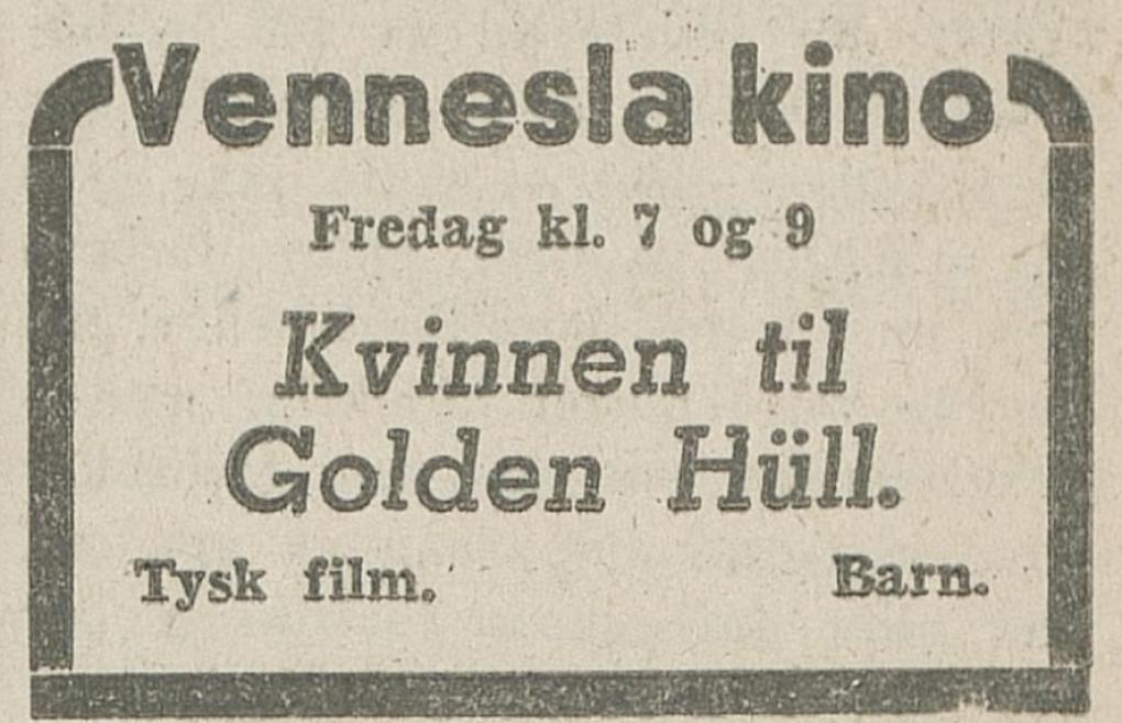 Cinema ad for 'Frauen für Golden Hill', Fædrelandsvennen 16/1 1942.