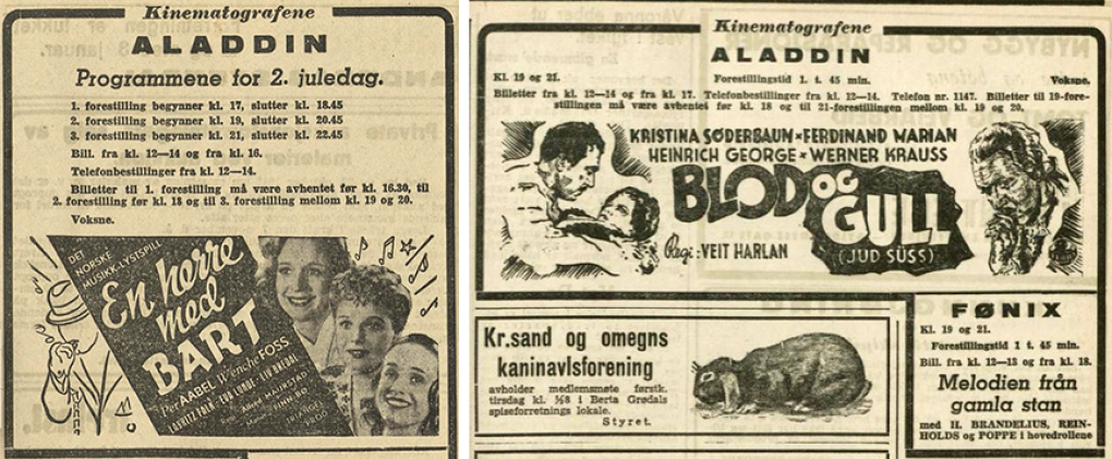 Left: Cinema ad for 'En herre med bart' (1942), Fædrelandsvennen 24/12 1942. Right: Cinema ad for 'Blod og gull' (Jud Süss, 1940), Fædrelandsvennen 10/5 1943.