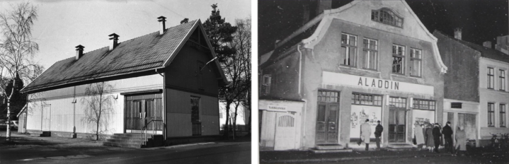 Left: Vennesla cinema (dating uncertain). Photographer unknown. Right: Aladdin, Kristiansand (ca. 1950). Photographer: Kjell Mardon Olsen.