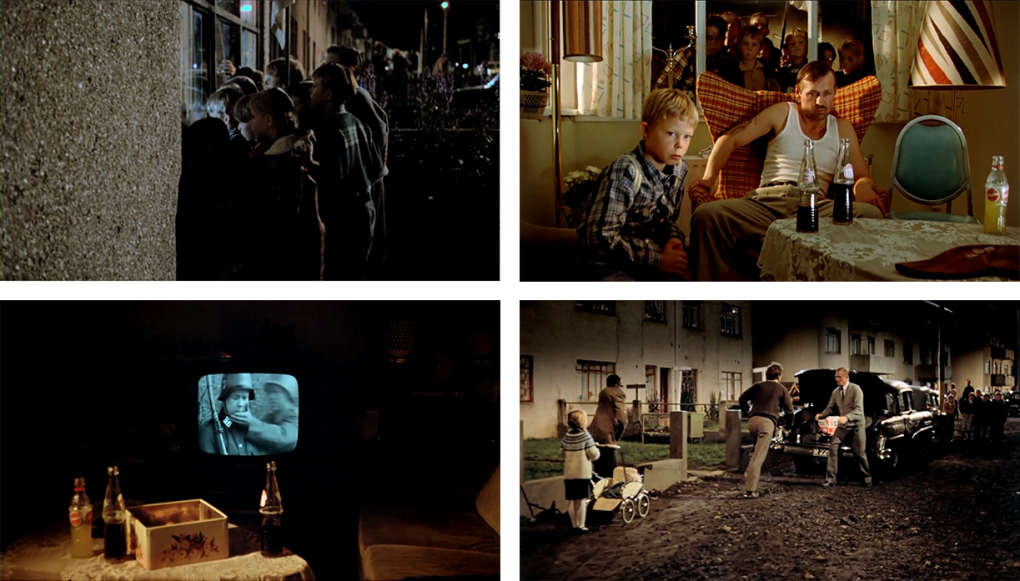 Stills from 'Movie Days': In the first three frames Icelandic boys watch American army base television through a window. Half empty-soda bottles point to the transition from more traditional Icelandic beverages to modern consumption. The last frame shows the beginning of a fight between the neighbourhood socialist and the black marketeer who brings the contraband from the base.