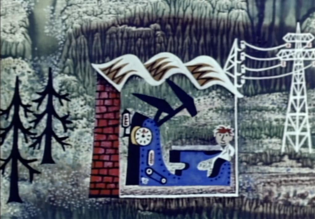 In 'Noget om Norden' ('Somethin’ about Scandinavia', Bent Barfod, 1956), cut-out characters move jerkily against a painterly, static and abstract background ambiguously suggestive of clouds, rocks, watercolour painting, or fabric.