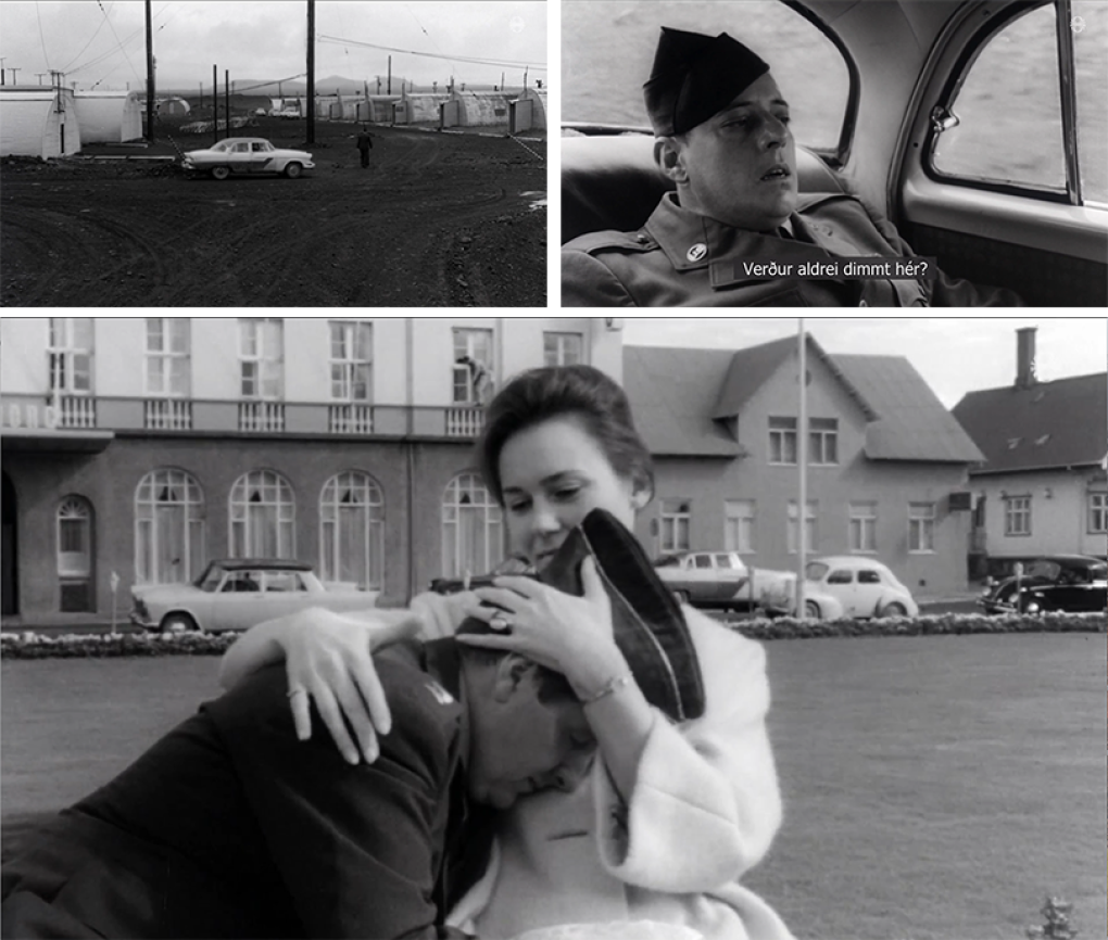 Stills from '79 from the Station': The American military base in Keflavík, a soldier Gunnar is driving to the base and a soldier being comforted by a woman after a heavy night out.